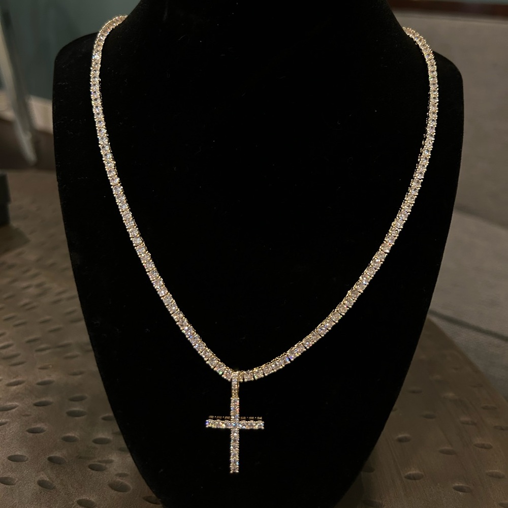 Gold Diamond cross tennis necklace and cross pendant